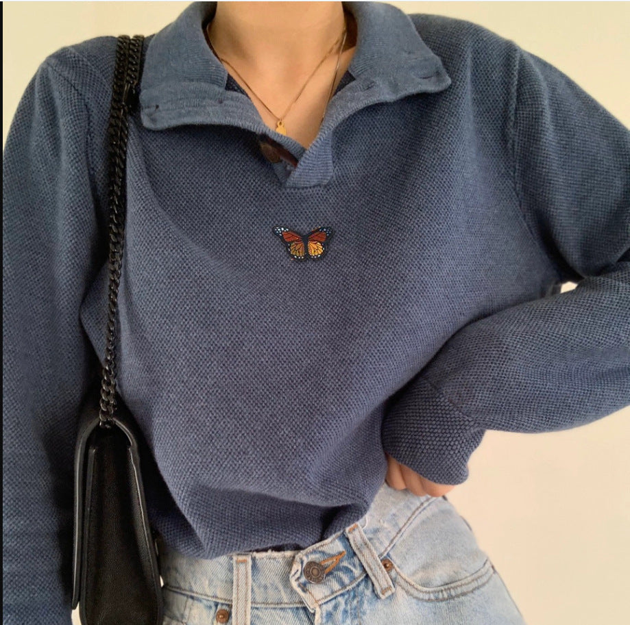 Damen Pullover Waffle-Design mit Schmetterling Stickerei Eveloria