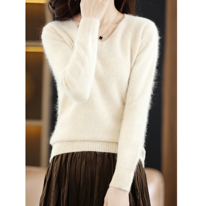Damen Pullover V-Ausschnitt Leichter Weicher Strick