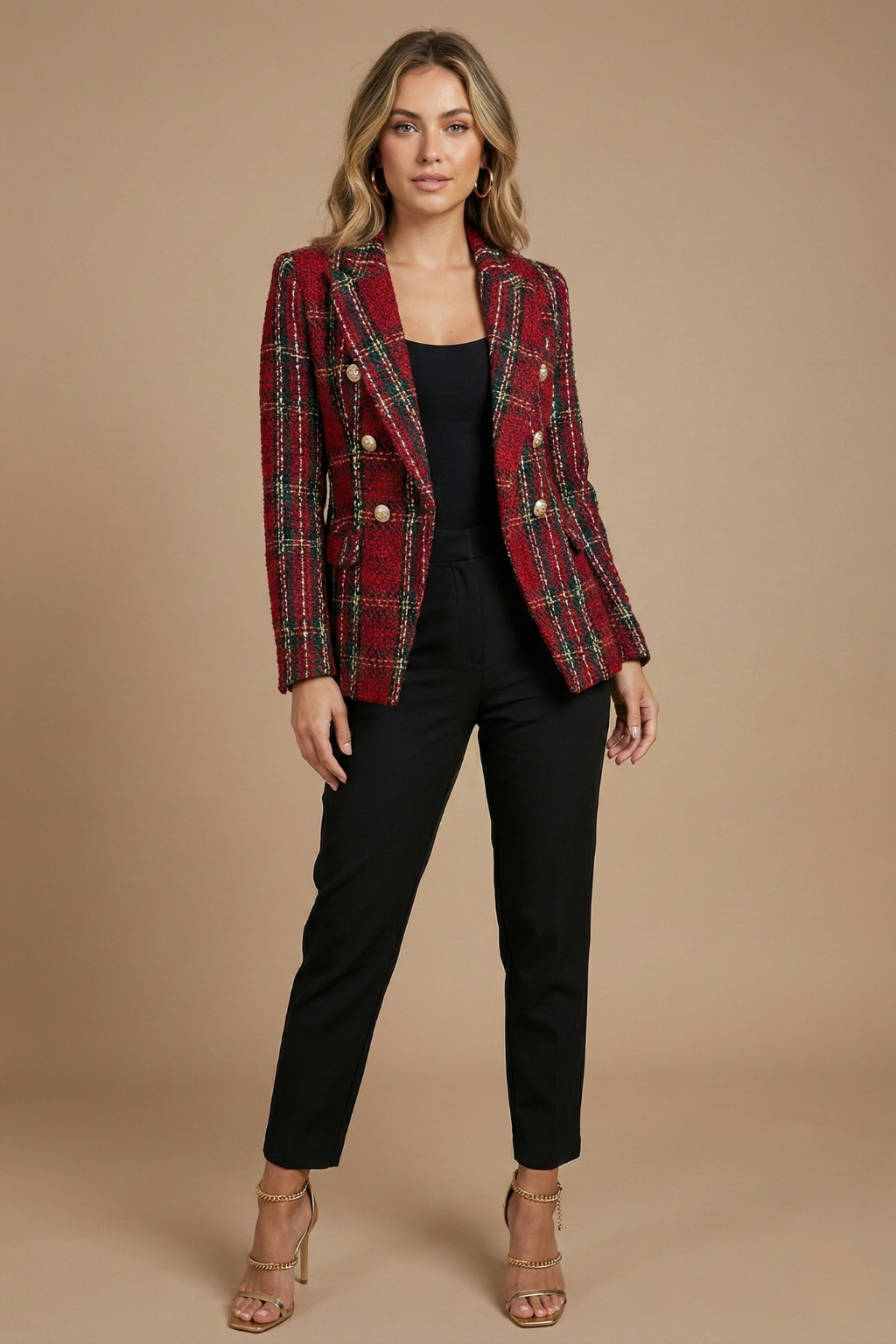 Damen Doppelreihige Blazerjacke Kariert - Eveloria