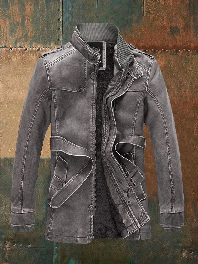 Herren Lederlook Mantel Lang Vintage Stil Schwarz - Eveloria
