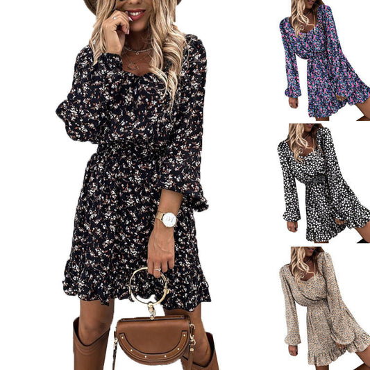 Damen Blumenkleid Voluminöse Ärmel Schwingender Saum Eveloria - Eveloria