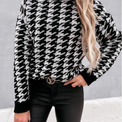 Damen Pullover Hahnentrittmuster Lässiger Schnitt Grau
