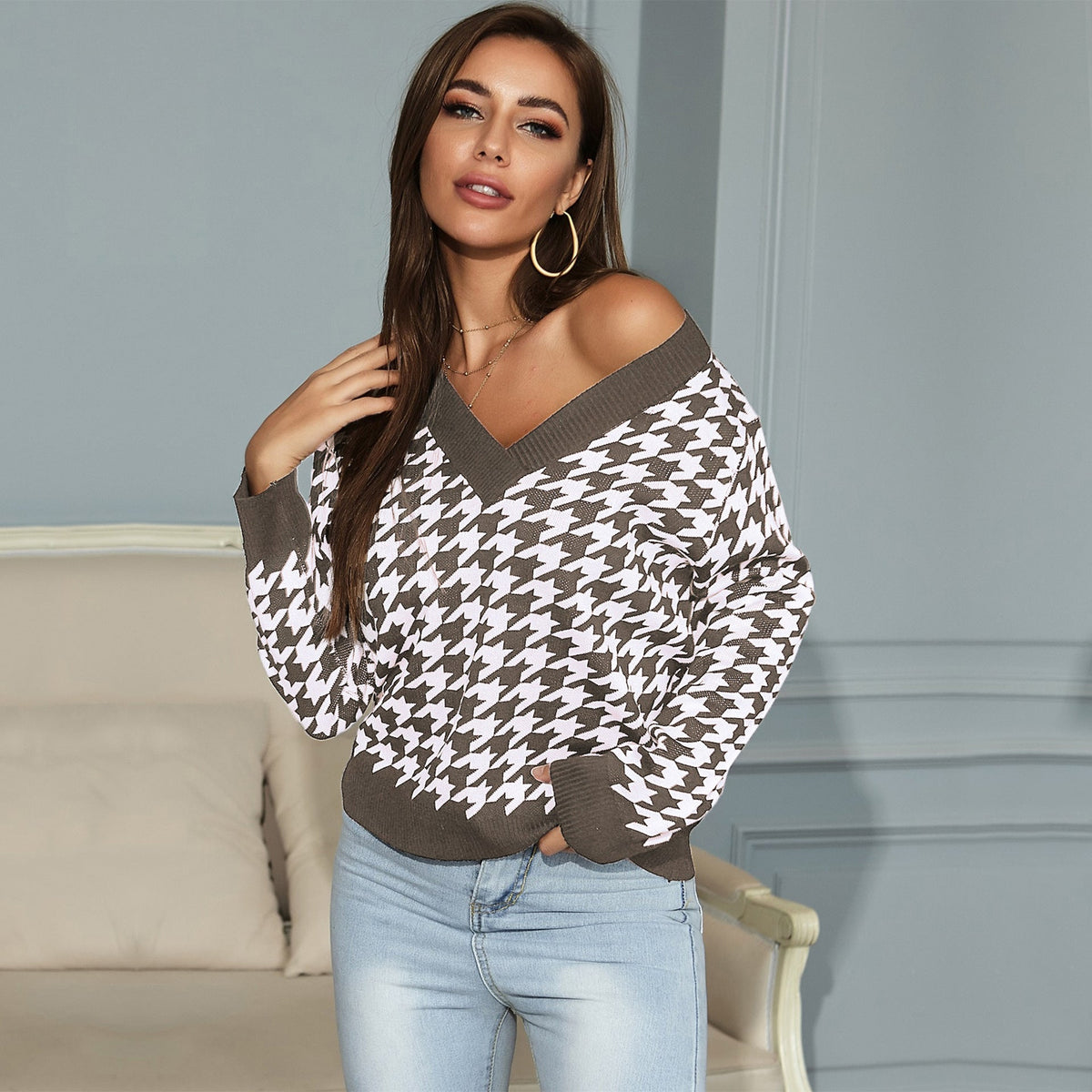 Damen Pullover V-Ausschnitt Hahnentrittmuster Eveloria