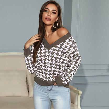 Damen Pullover V-Ausschnitt Hahnentrittmuster Eveloria