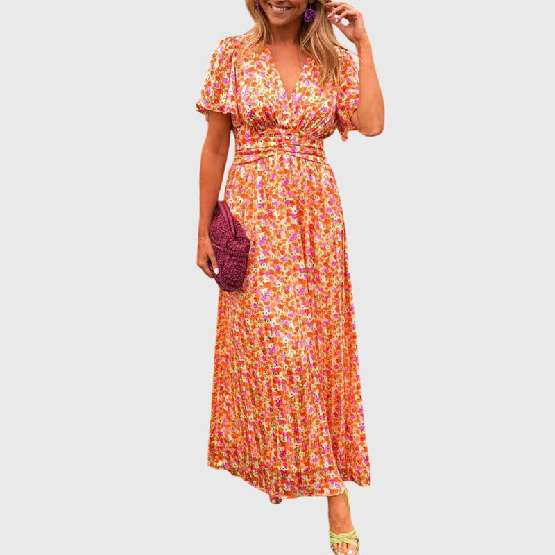 Damen Maxikleid Blumenmuster Kurzärmel - Eveloria