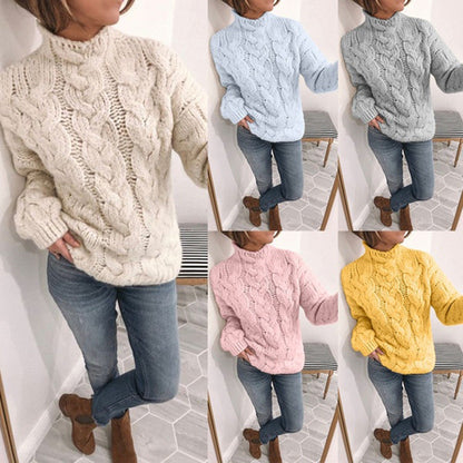 Damen Strickpullover Zopfmuster Hochkragen Schwarz Eveloria - Eveloria