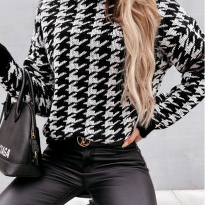 Damen Pullover Hahnentrittmuster Lässiger Schnitt Grau - Eveloria