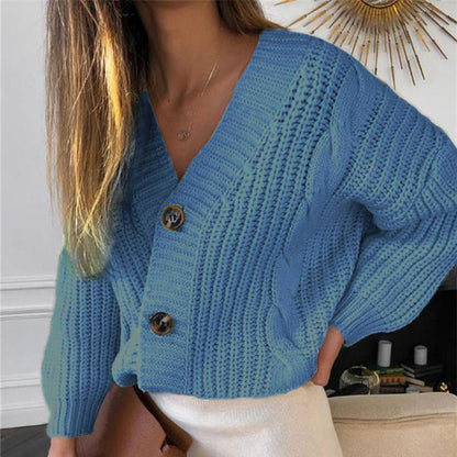 Damen Cardigan Grobstrick V-Ausschnitt Knöpfe Beige