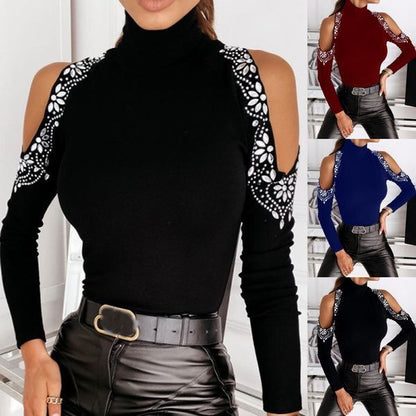 Damen Turtleneck-Oberteil Offene Schultern Spitzenverzierung Eveloria - Eveloria