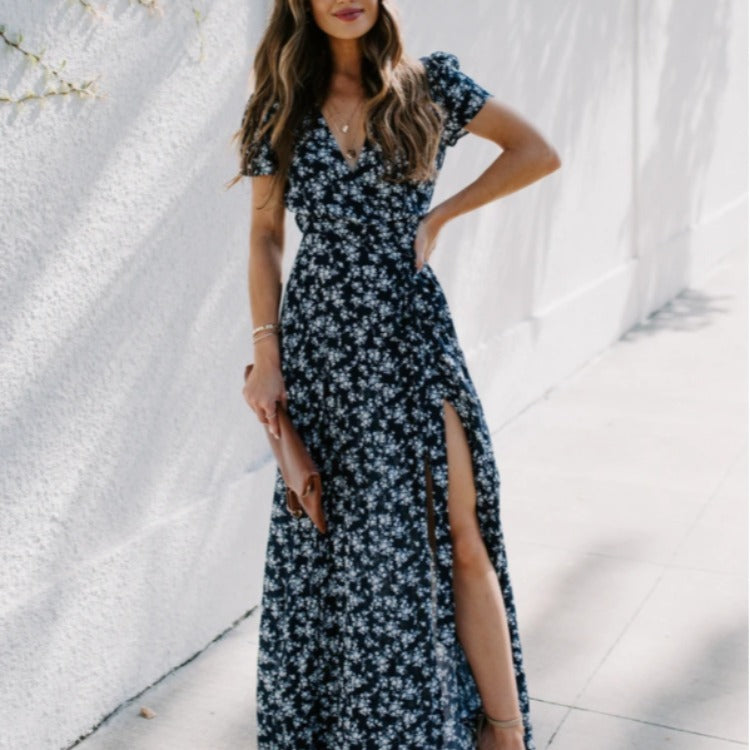 Damen Maxikleid V-Ausschnitt Seitenschlitz Eveloria - Eveloria