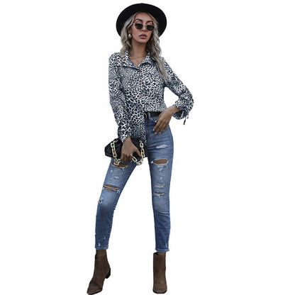 Damen Bluse Leopardenmuster Knopfleiste Eveloria