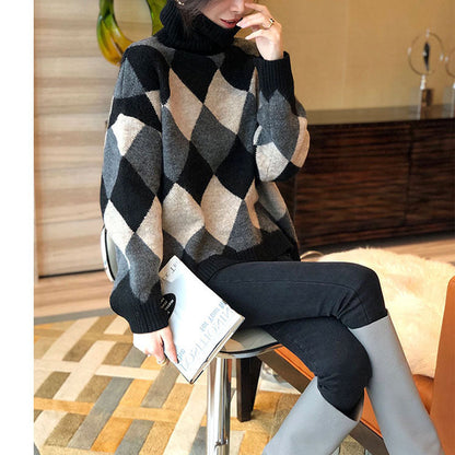 Damen Grobstrickpullover Rautenmuster Hochkragen Beige Eveloria