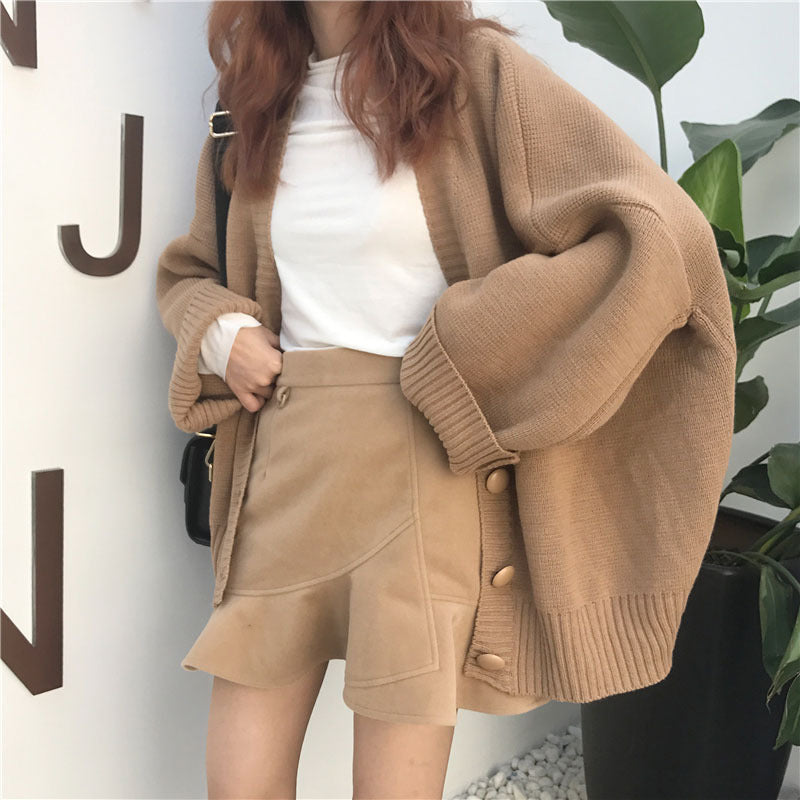 Damen Strickcardigan Groß Lässig Knöpfe Beige