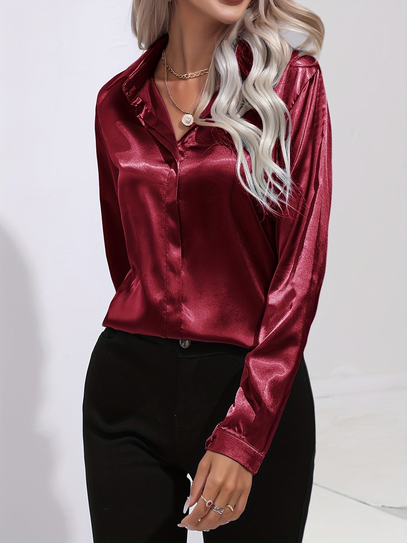 Damen Satin-Bluse Reverskragen Knopfleiste Eleganz