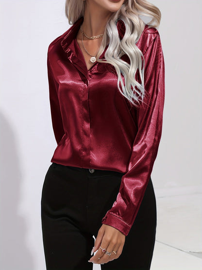Damen Satin-Bluse Reverskragen Knopfleiste Eleganz
