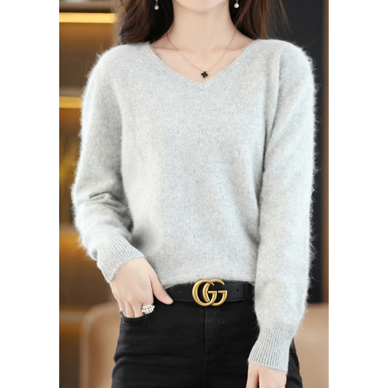 Damen Pullover V-Ausschnitt Leichter Weicher Strick