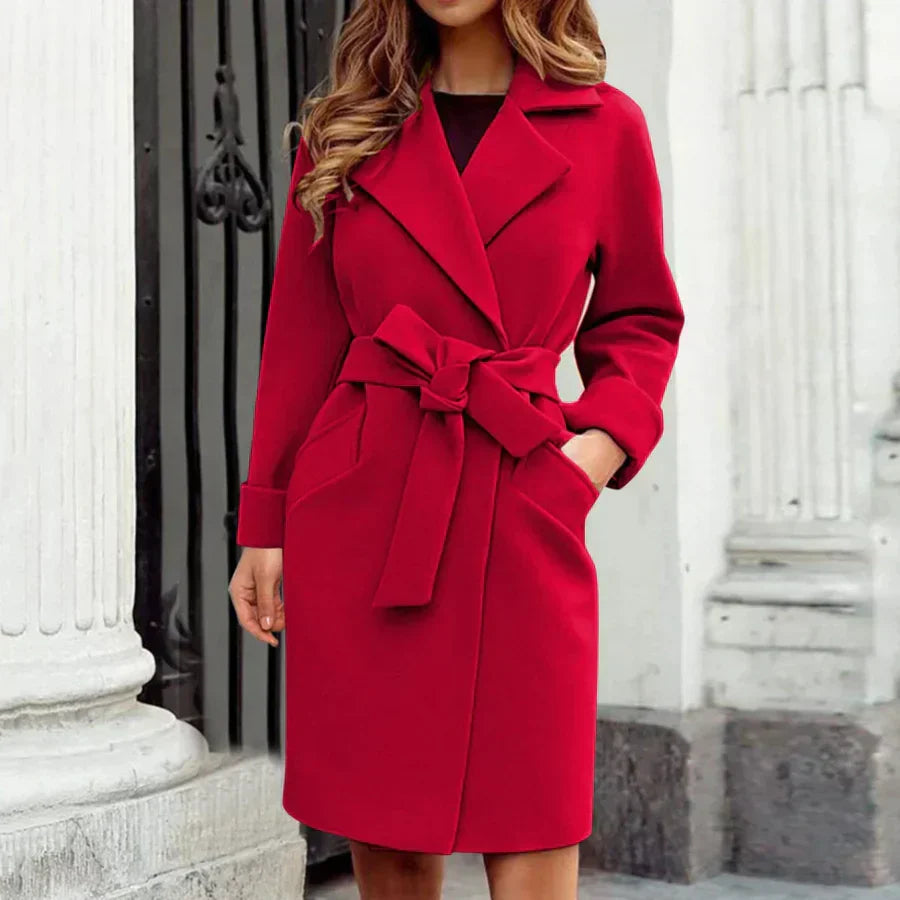 Damen Trenchcoat Wollmischung Taillierte Passform Knie Länge
