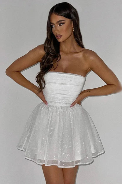 Damen Trägerloses Glitzer Cocktailkleid Mini