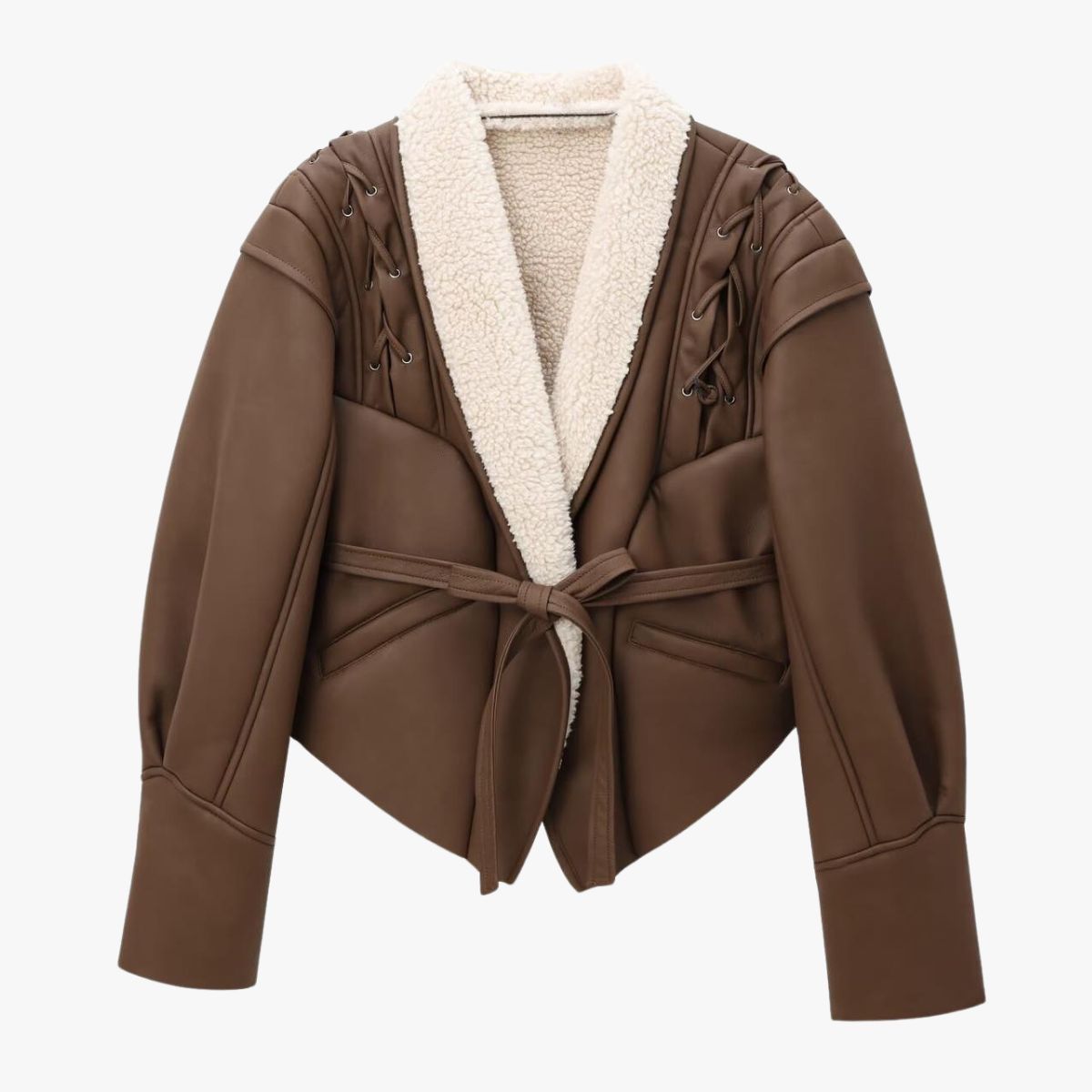 Paloma Damen Kunstlederjacke Teddyfutter Schnürung Schwarz - Norvielle