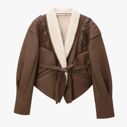 Paloma Damen Kunstlederjacke Teddyfutter Schnürung Schwarz - Norvielle