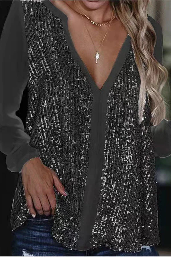 Damen Glitter Bluse Langärmlig