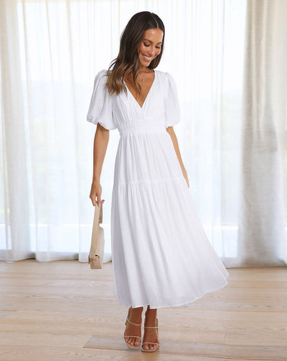 Damen Sommer-Midikleid V-Ausschnitt Puffärmel Einfarbig Elegant