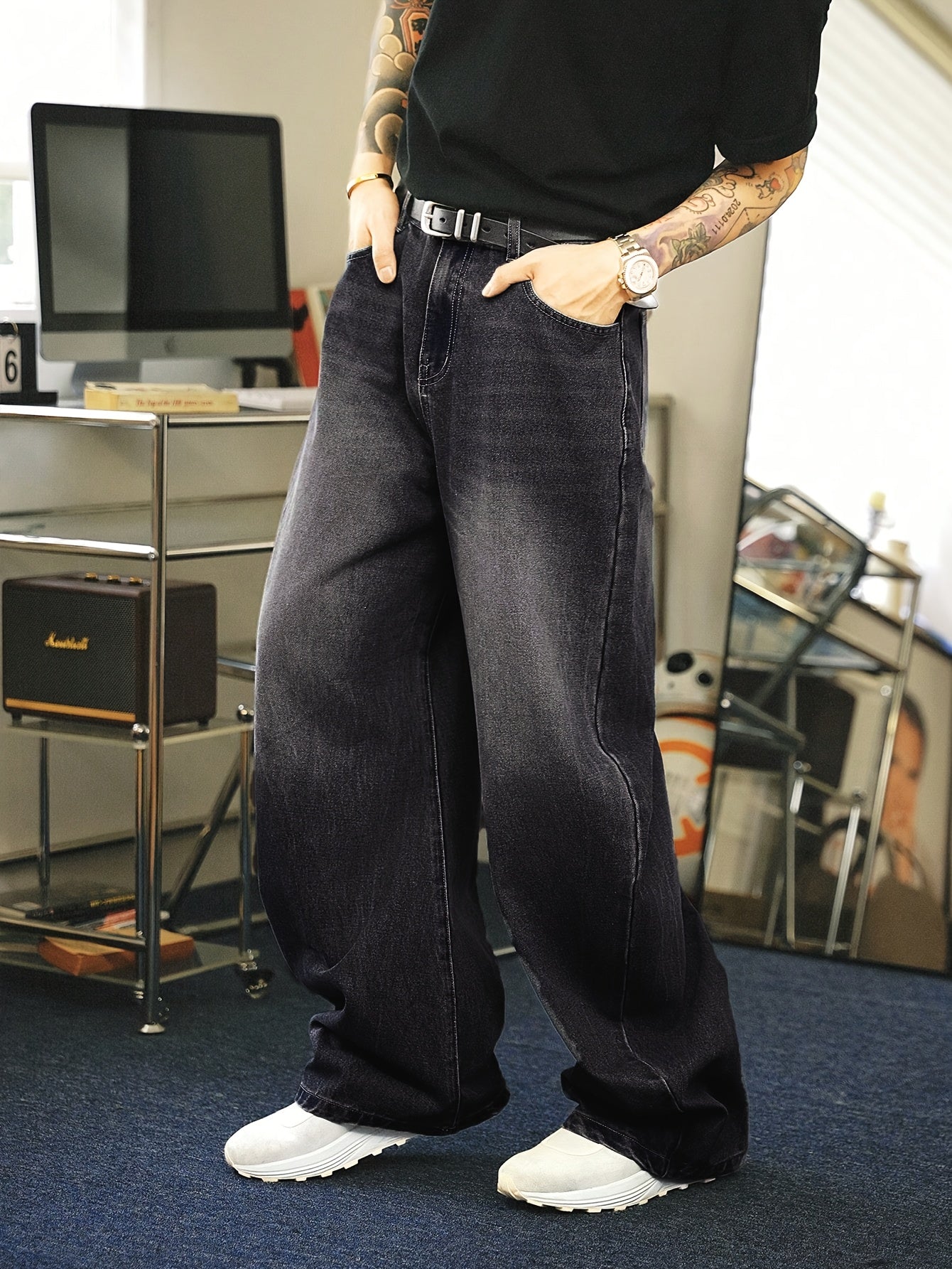Herren Baggy Jeans Gerades Bein Weite Passform Blau