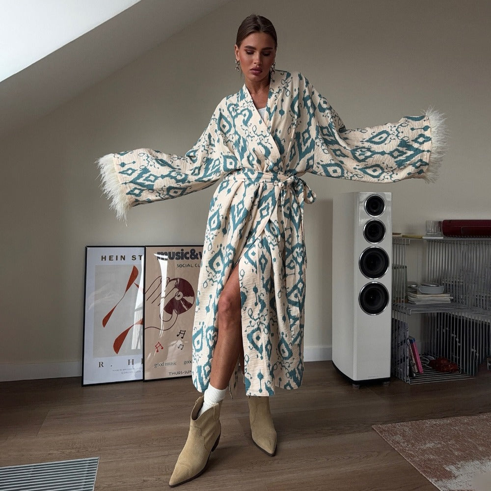 Damen Kimono-Mantel Beige-Türkis Bedruckt Federärmel