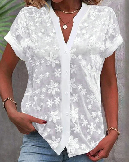 Eveloria Damen Bluse Kurzärmelig Blumenmuster V-Ausschnitt