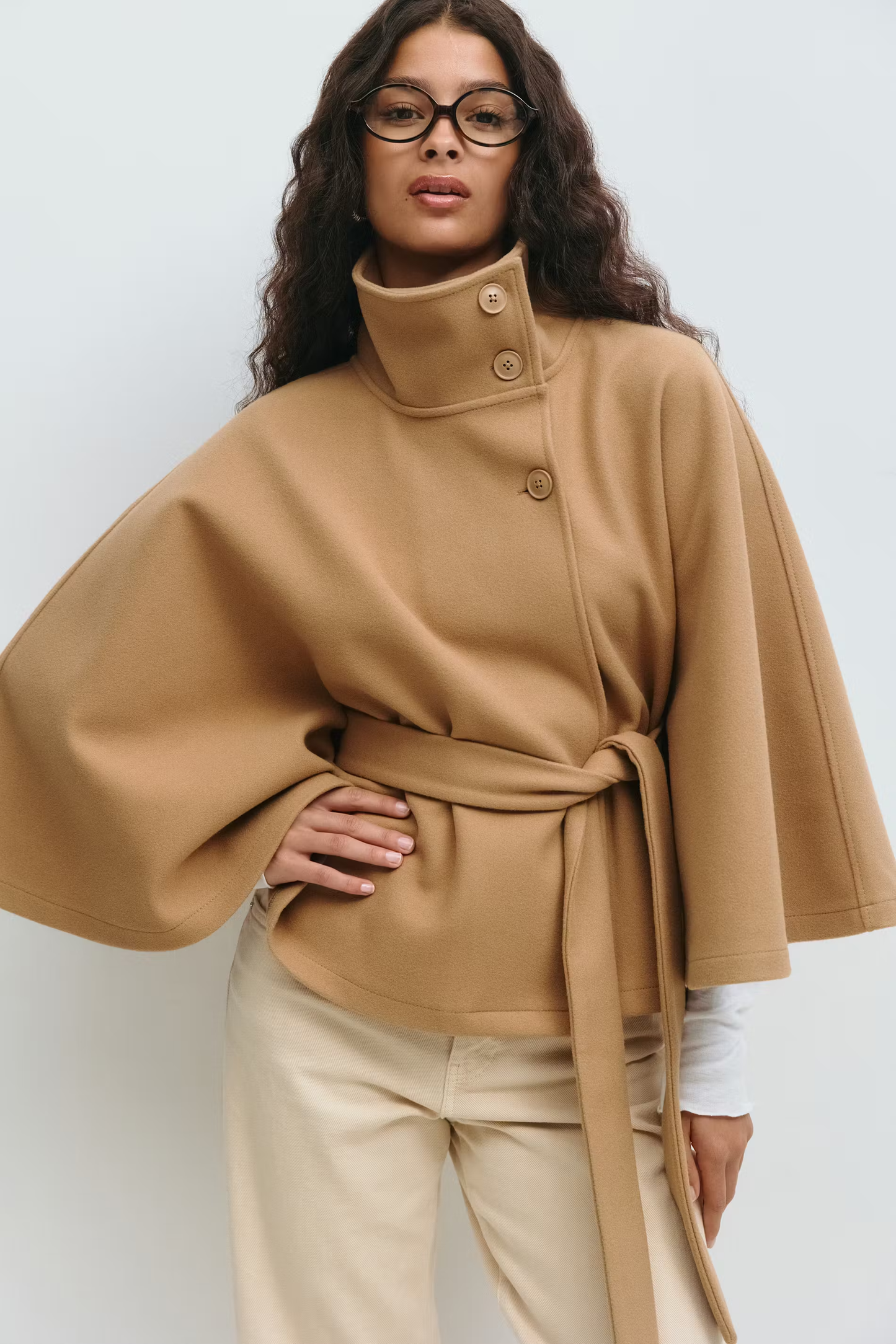 Damen Cape-Mantel mit Gürtel und hohem Kragen