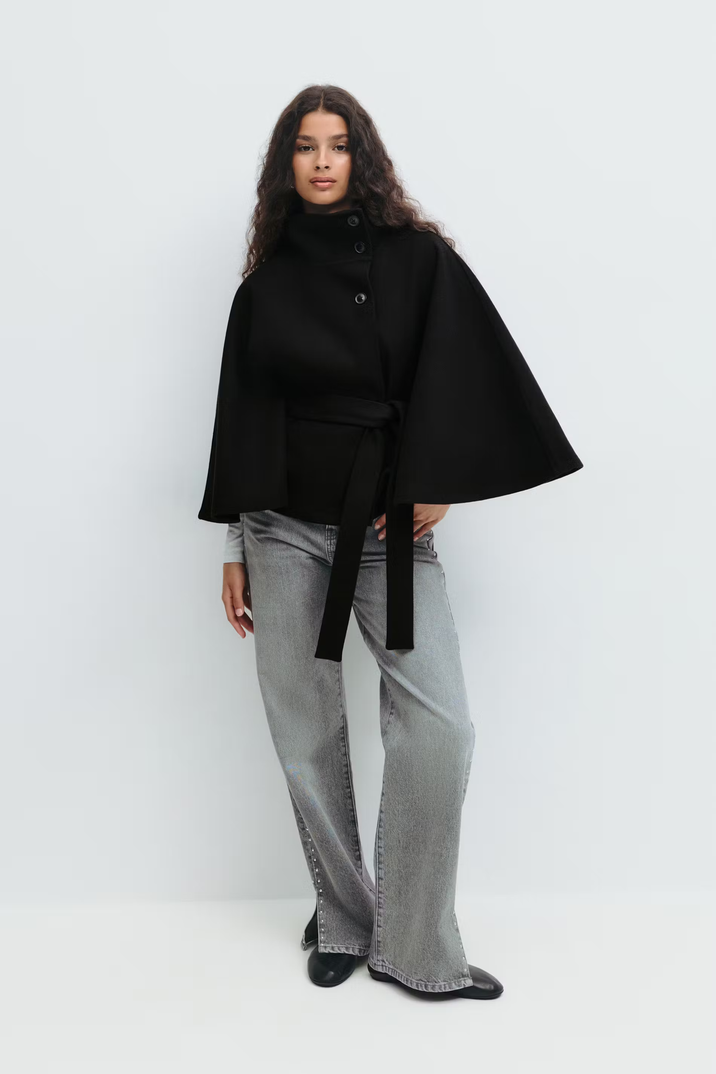 Damen Cape-Mantel mit Gürtel und hohem Kragen
