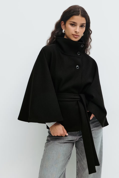 Damen Cape-Mantel mit Gürtel und hohem Kragen