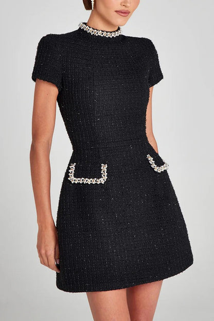 Eveloria Damen Mini Kleid Tweed Kurzarm Perlenbesatz