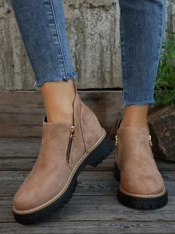 Damen Stiefeletten Reißverschluss Robuste Sohle