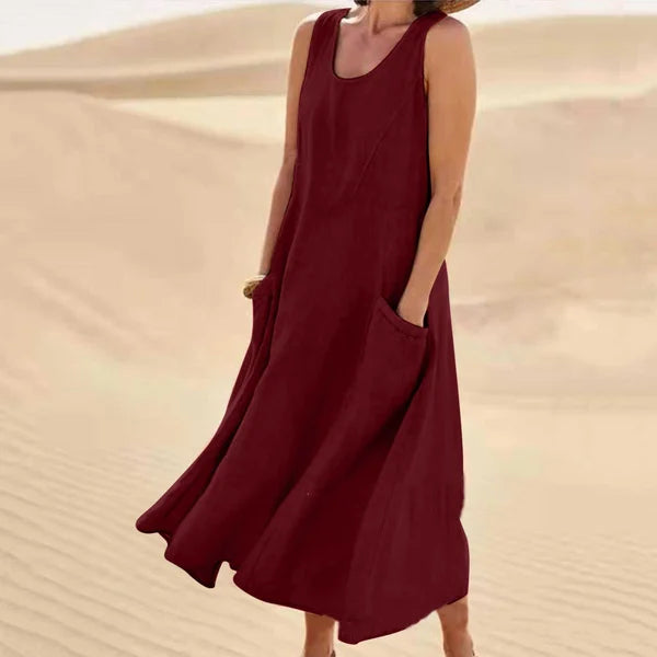 Damen Maxikleid Leinen Ärmellos Luftig Beige