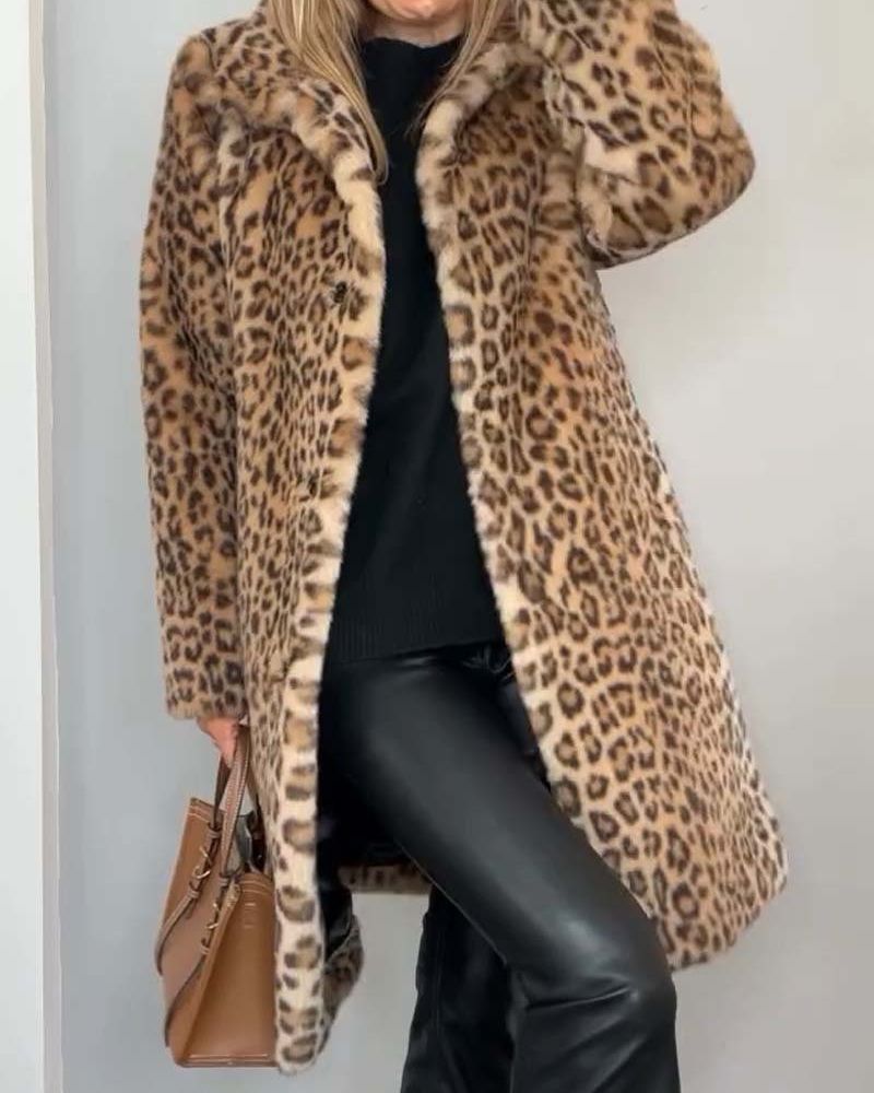 Damenmantel Leopardenmuster Weich Schwarz - Eveloria