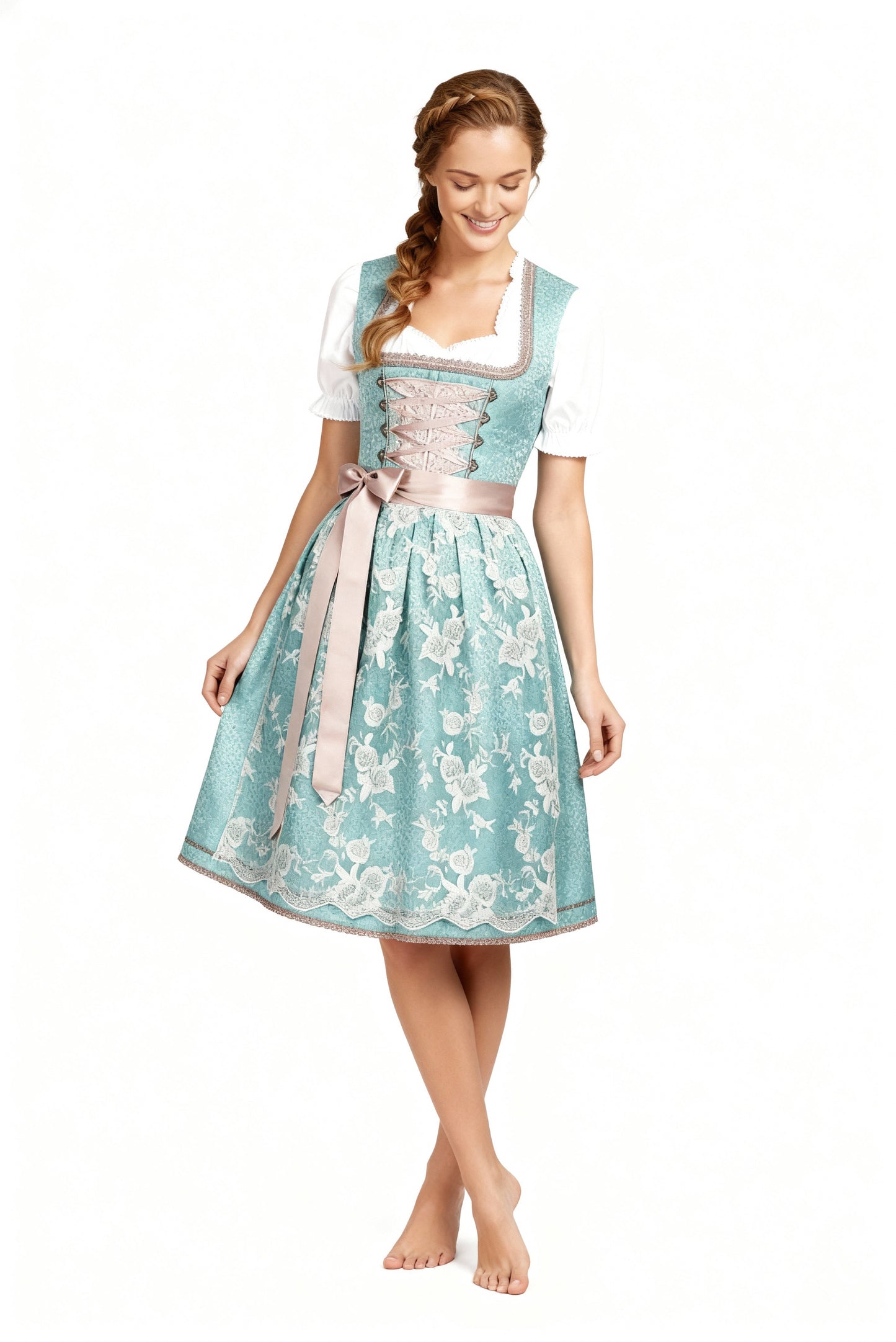 Damen Dirndl Traditionell Mit Schürze Blau Weiss