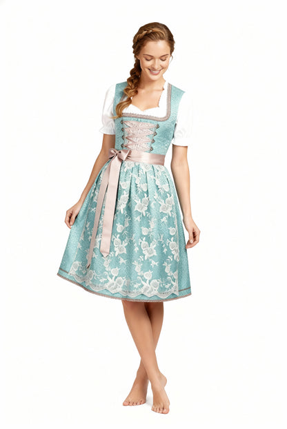 Damen Dirndl Traditionell Mit Schürze Blau Weiss