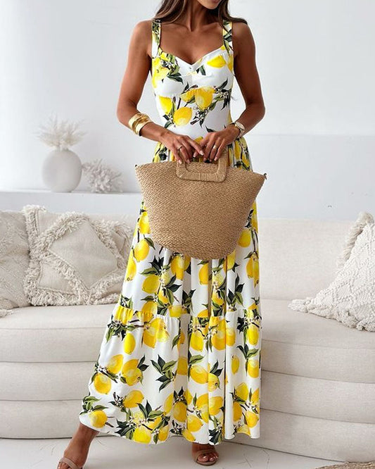 Eveloria Damen Maxikleid Zitronenmuster Breite Träger - Eveloria