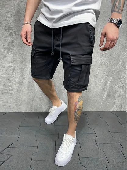 Herren Cargo Shorts Kordelzug Utility Taschen Beige