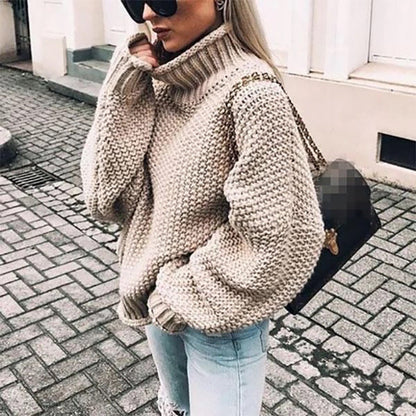 Damen Rollkragenpullover Grobstrick Kuschelig Beige