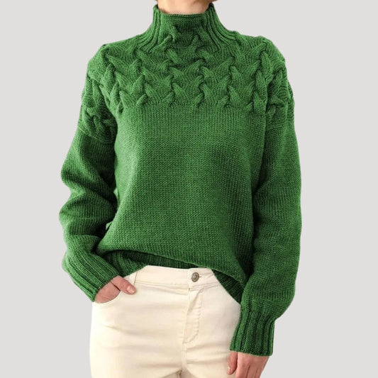 Damen Strickpullover Zopfmuster Hochkragen Beige - Eveloria