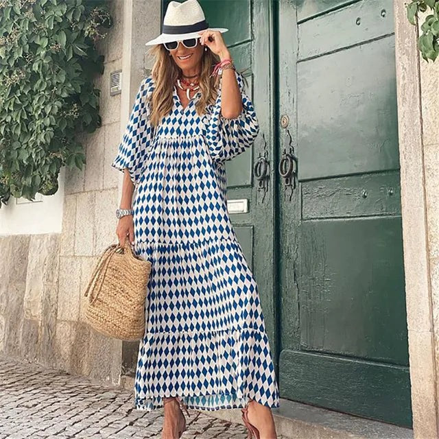 Damen Maxi Kleid Blumenprint V-Ausschnitt Halbarm Ibiza Look