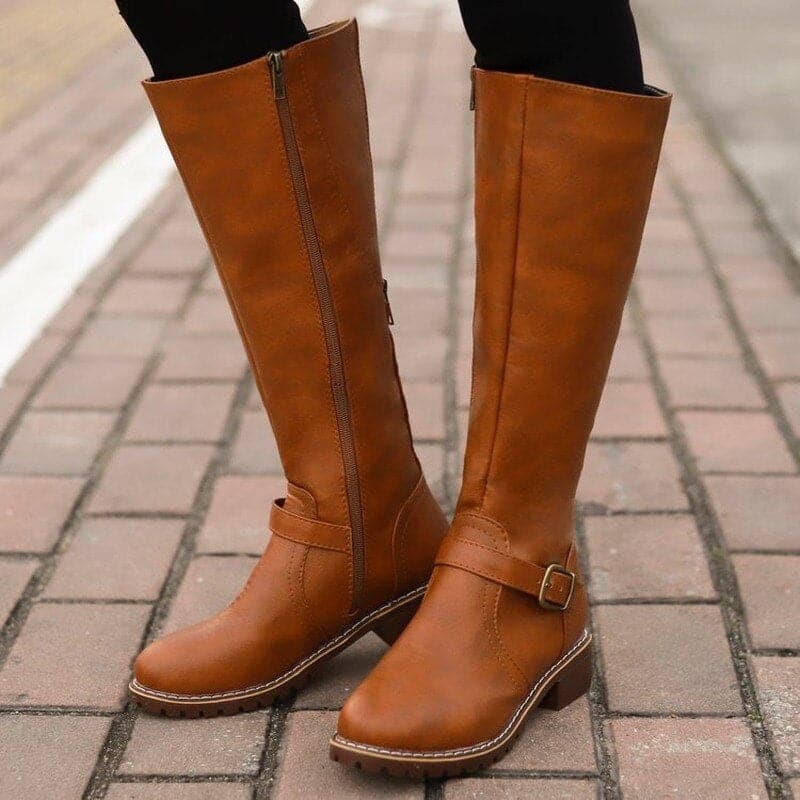 Damen Kniehohe Stiefel Blockabsatz Rundzehen Leder