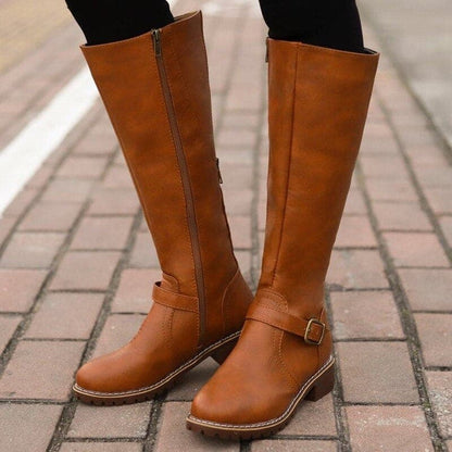 Damen Kniehohe Stiefel Blockabsatz Rundzehen Leder