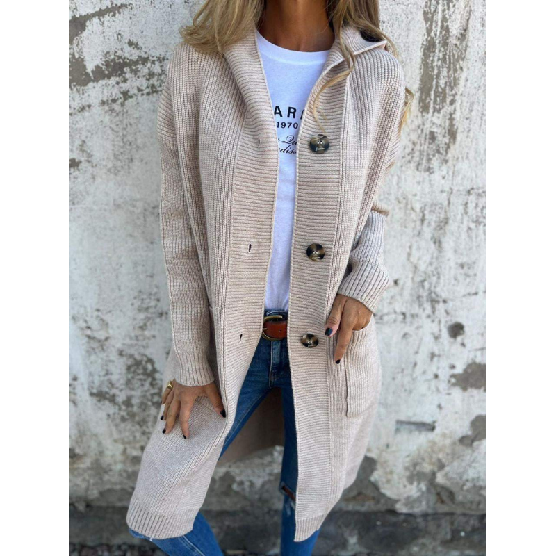 Damen Cardigan Lang Mit Kapuze Große Knöpfe - Eveloria