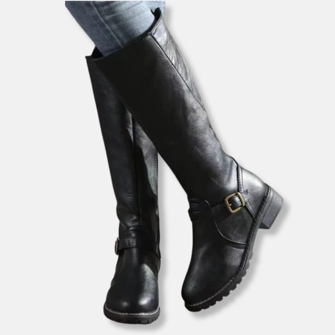 Damen Stiefel Kunstleder Kniefester Schaft Abgerundete Spitze - Eveloria