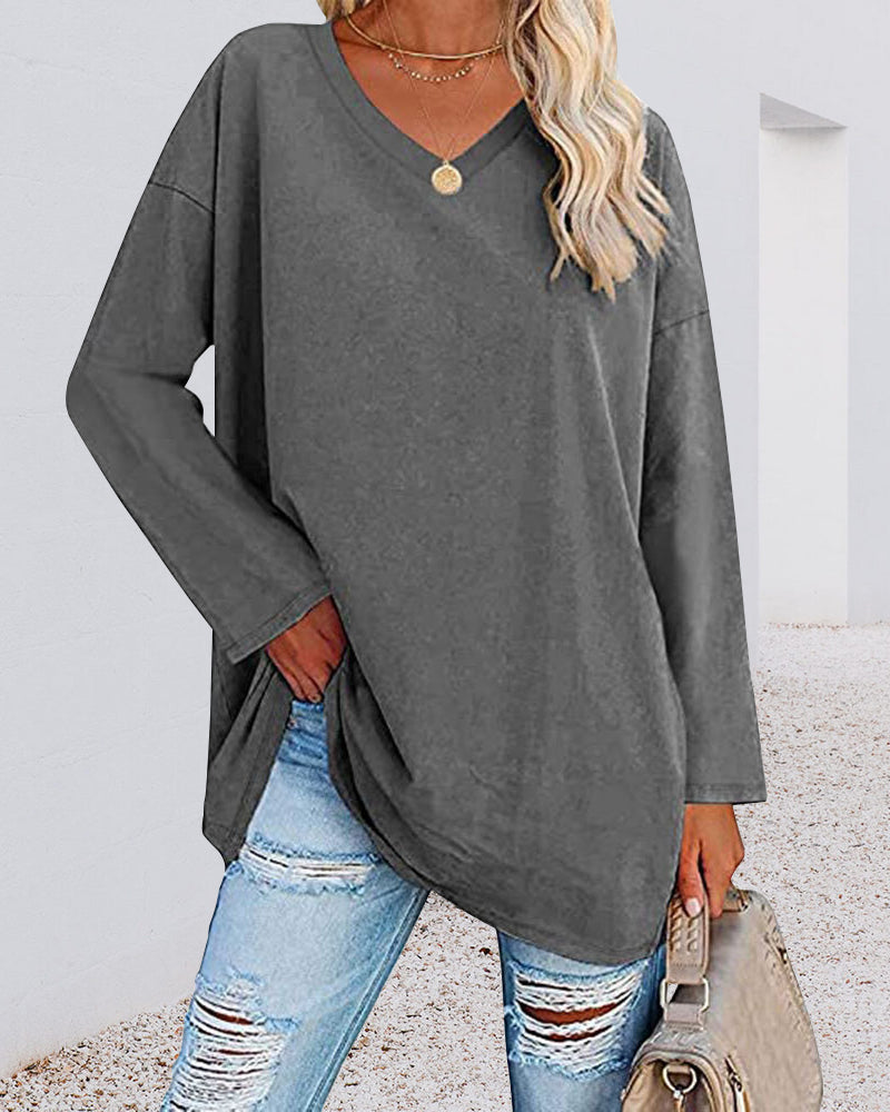 Eveloria Damen Langarm T-Shirt V-Ausschnitt Einfarbig
