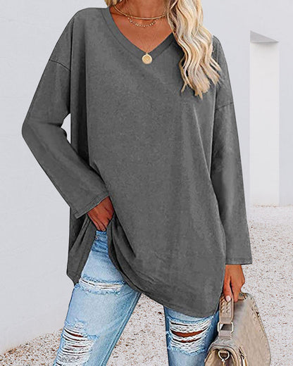 Eveloria Damen Langarm T-Shirt V-Ausschnitt Einfarbig