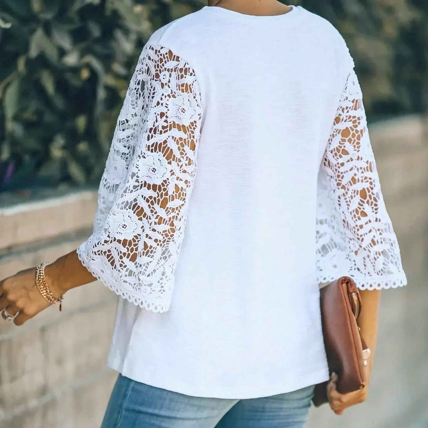 Damen Oversize-Shirt Weiß Spitze Rundhals